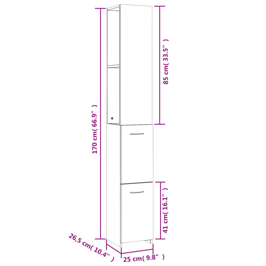 vidaXL Шкаф за баня, бял гланц, 25x26,5x170 см, инженерно дърво
