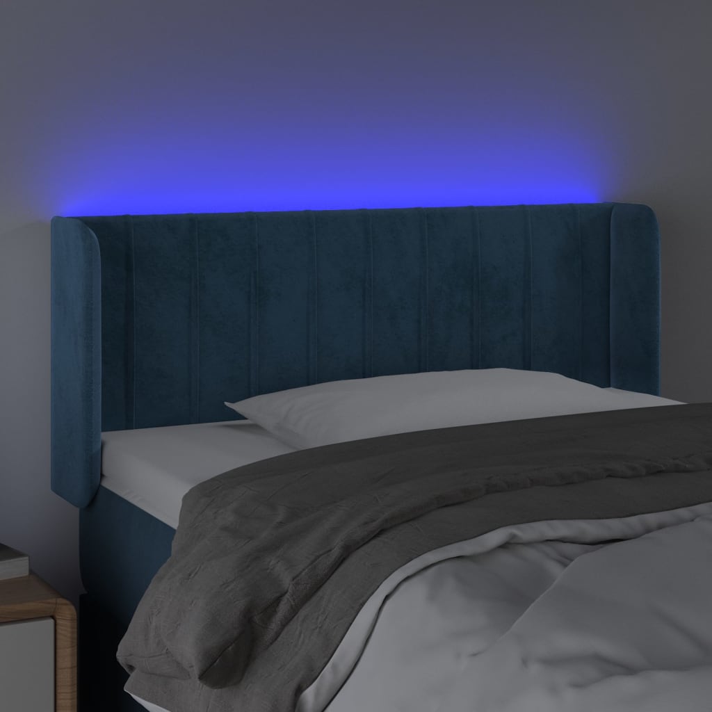 vidaXL LED горна табла за легло, тъмносиня, 103x16x78/88 см, кадифе