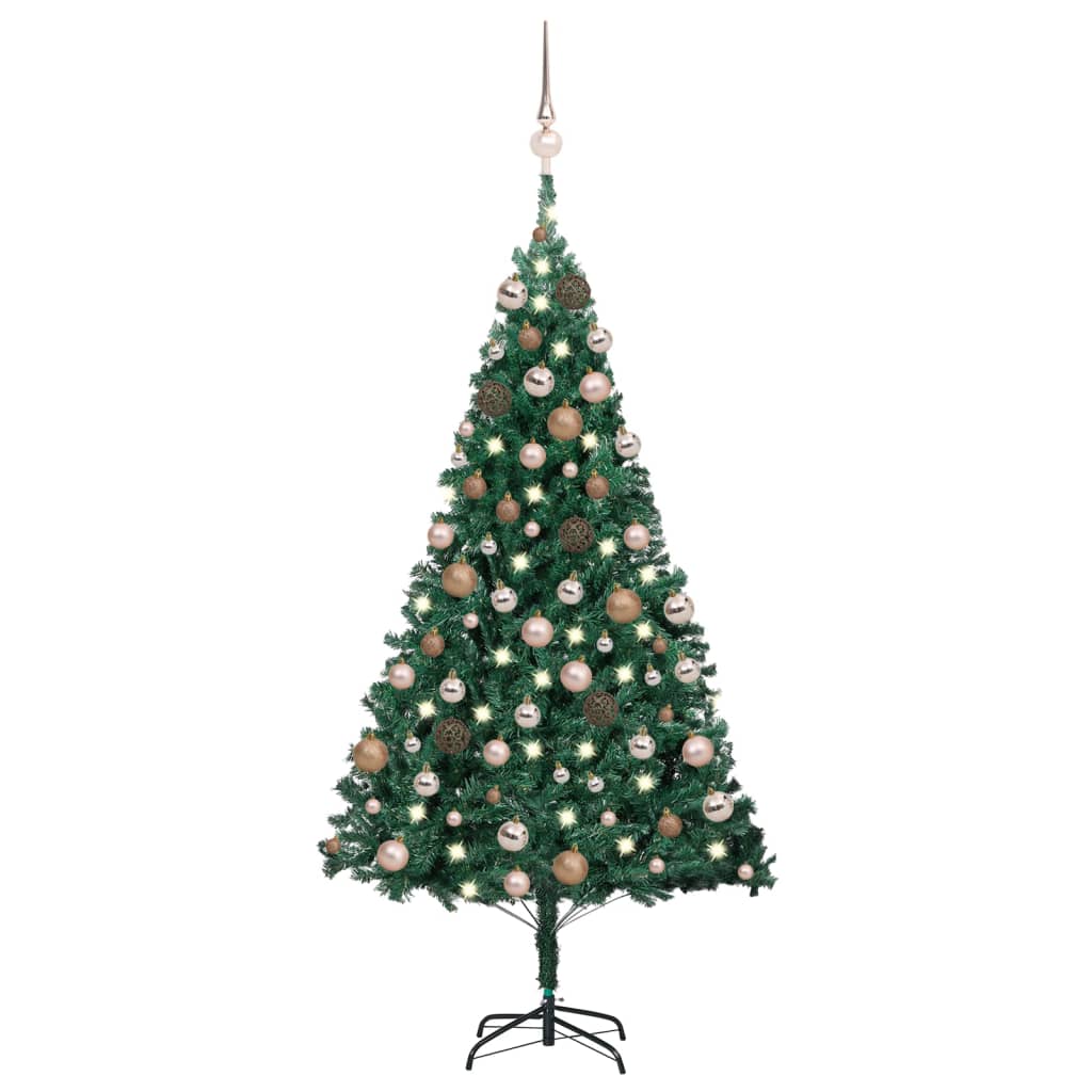 vidaXL Изкуствена осветена коледна елха с топки зелена 150 см PVC
