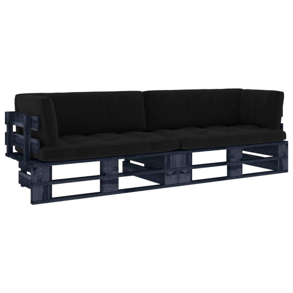 vidaXL 2-местен палетен диван с възглавници бор с черна импрегнация