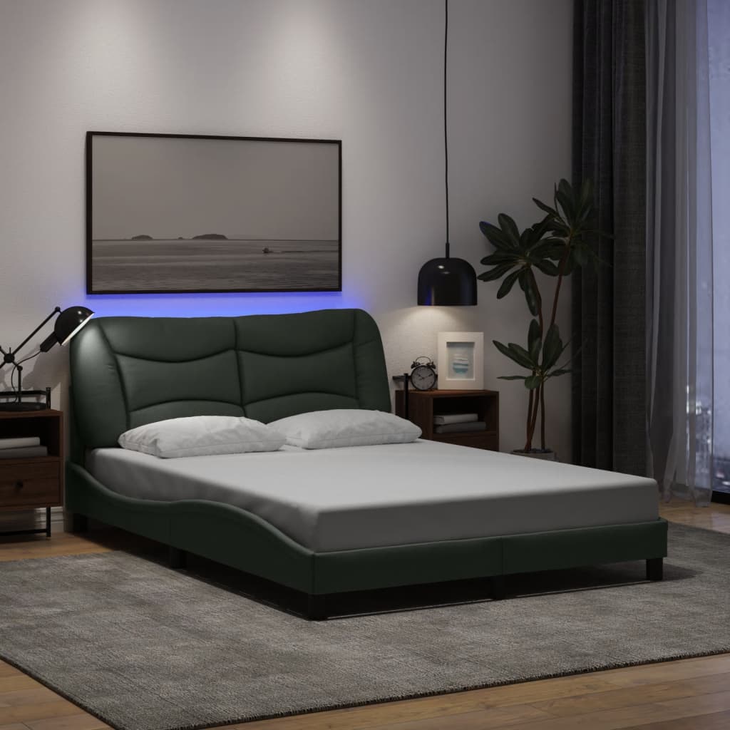 vidaXL Рамка за легло с LED осветление, тъмносива, 140x190 см, плат