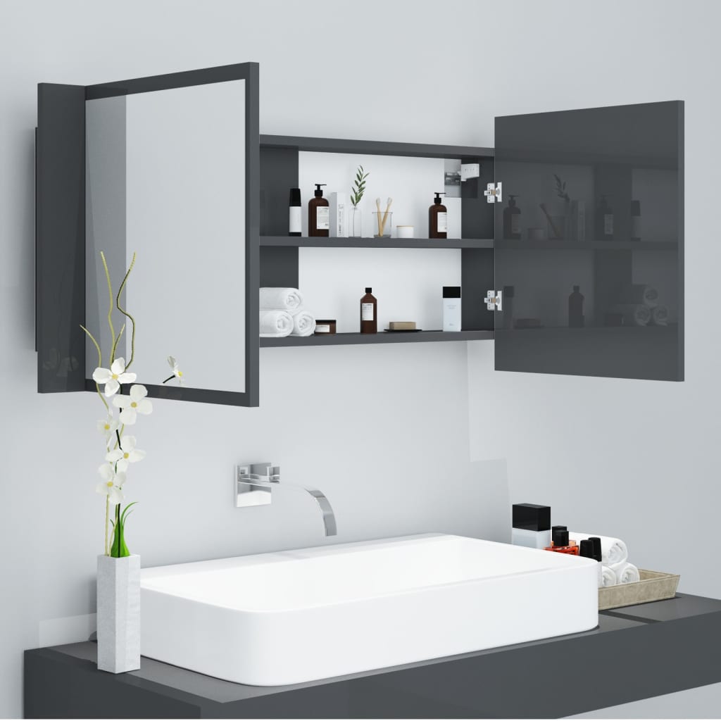 vidaXL Шкаф с LED огледало за баня, сив гланц, 100x12x45 см, акрил