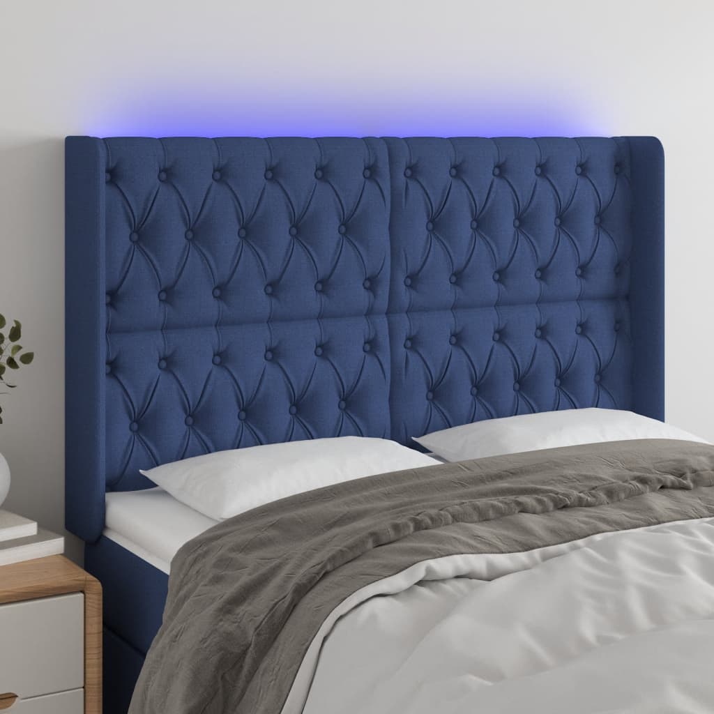 vidaXL LED горна табла за легло, синя, 163x16x118/128 см, плат