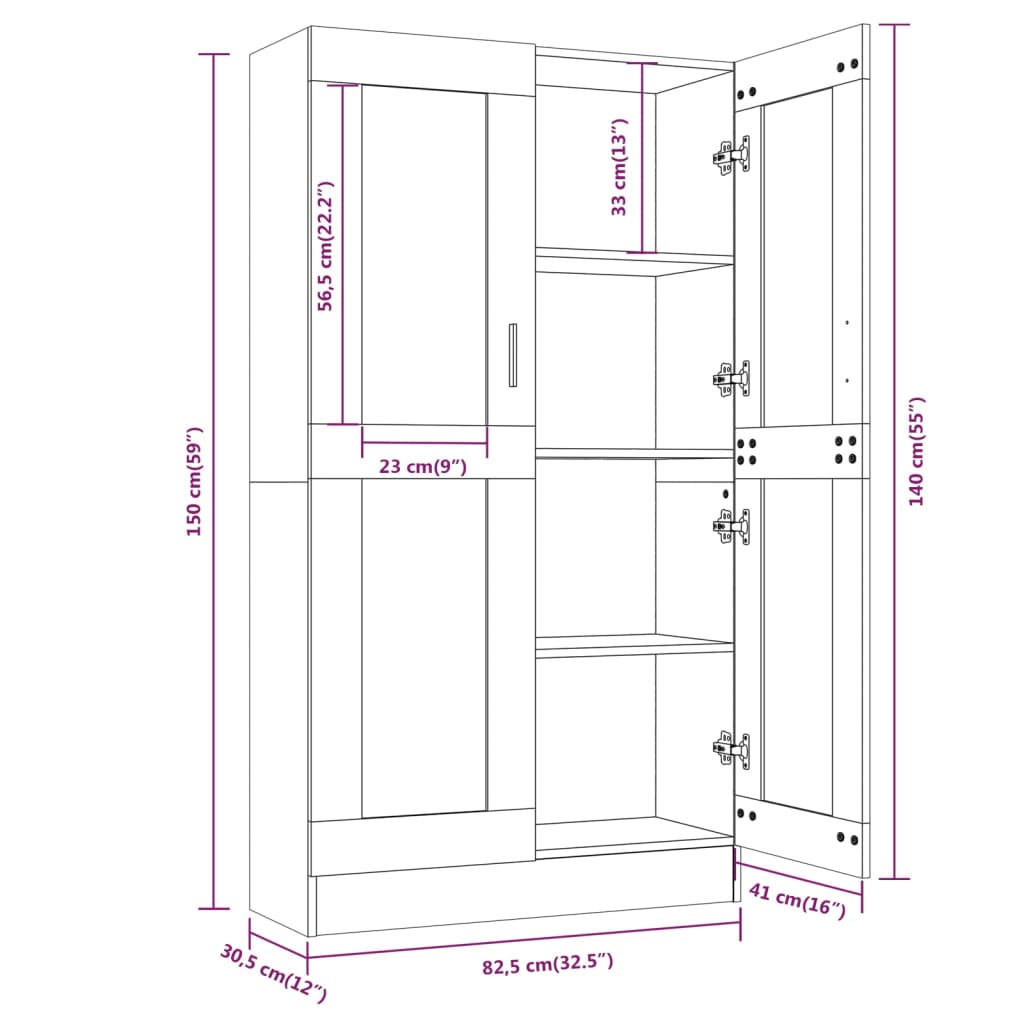 vidaXL Шкаф витрина, сив сонома, 82,5x30,5x150 см, инженерно дърво