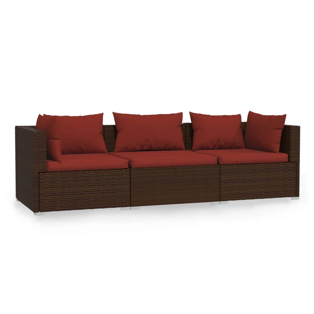 vidaXL 3-местен диван с възглавници, кафяв, полиратан