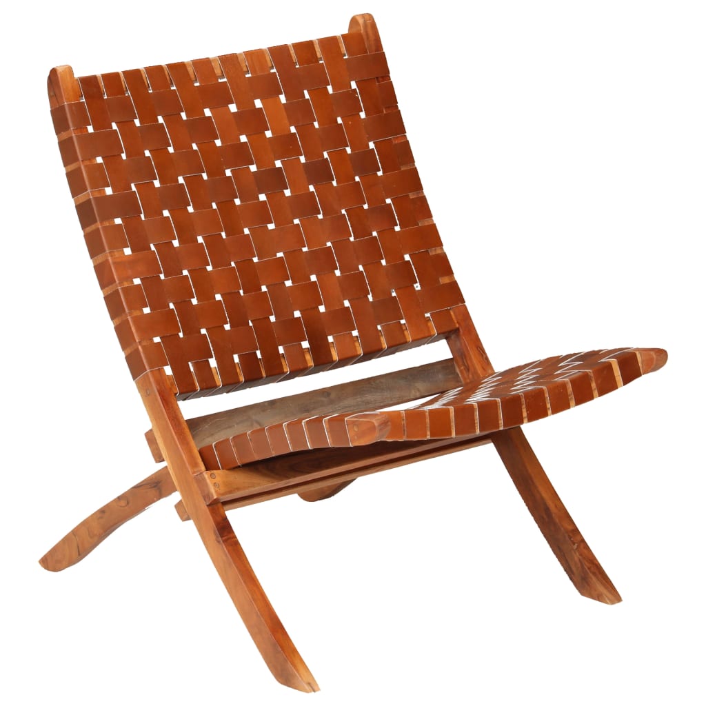 vidaXL Сгъваем стол, кръстосани ивици, кафяв, естествена кожа