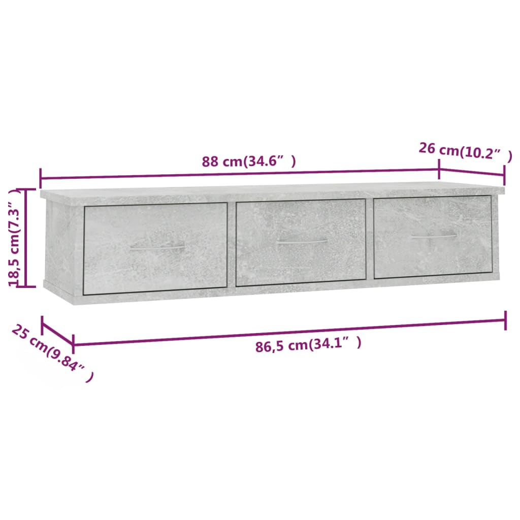 vidaXL Стенен рафт с чекмеджета, бетонно сив, 88x26x18,5 см, ПДЧ