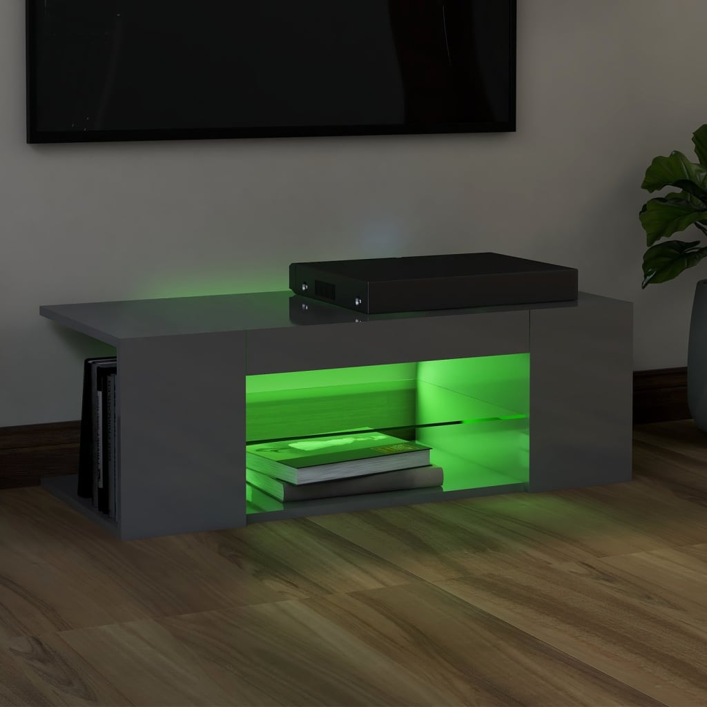 vidaXL ТВ шкаф с LED осветление, сив гланц, 90x39x30 см
