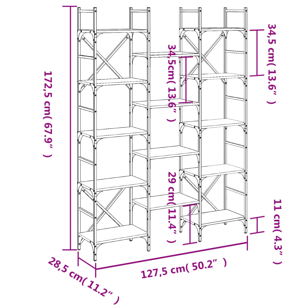vidaXL Етажерка за книги дъб сонома 127,5x28,5x172,5см инженерно дърво