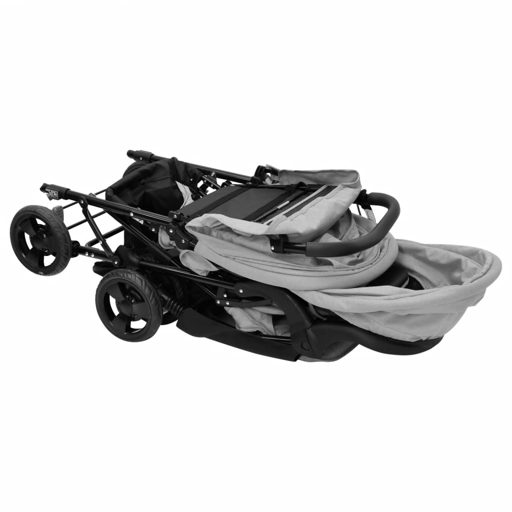 vidaXL Тандемна количка за близнаци, светлосива, стомана