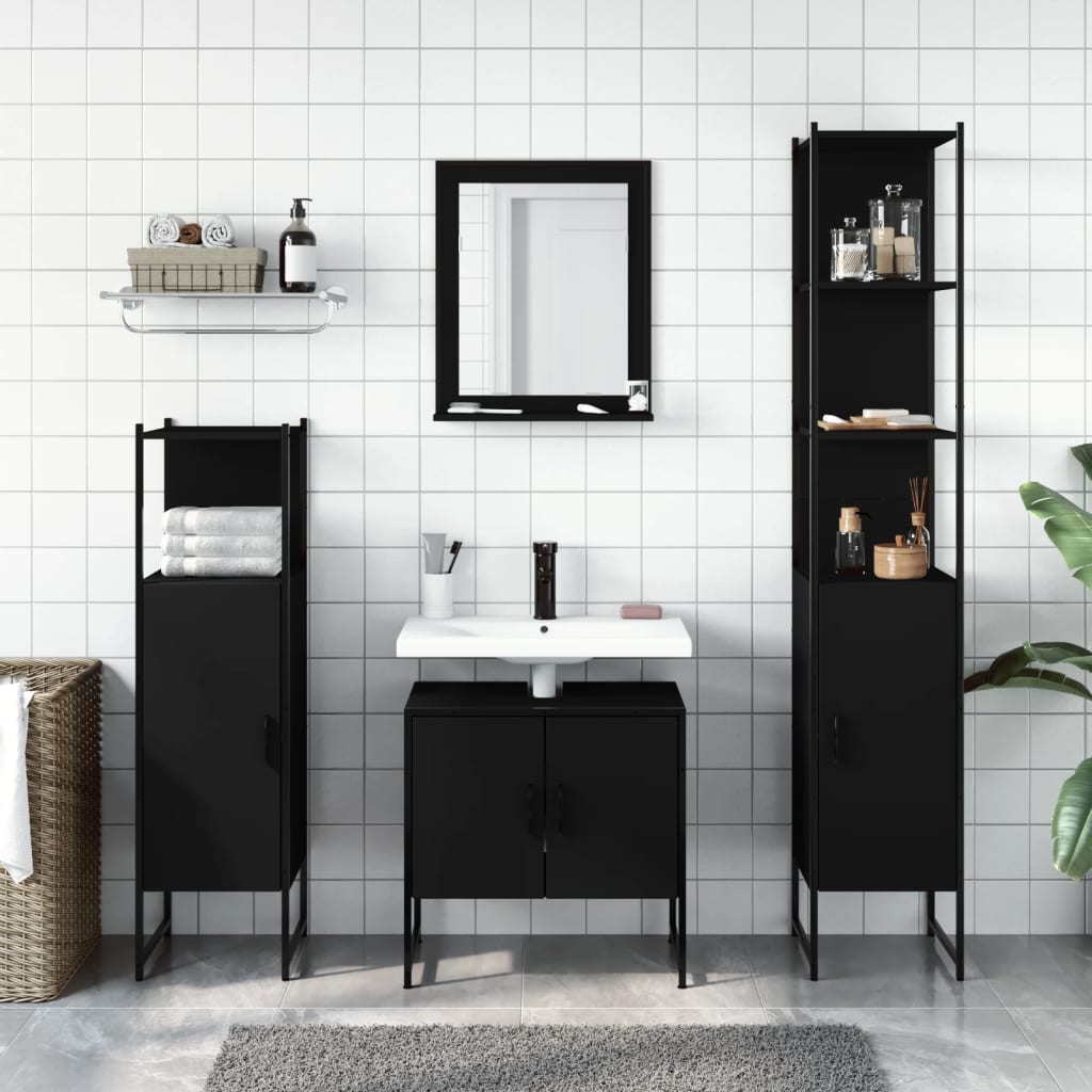 vidaXL Комплект шкаф за баня от 4 части, черен, инженерно дърво