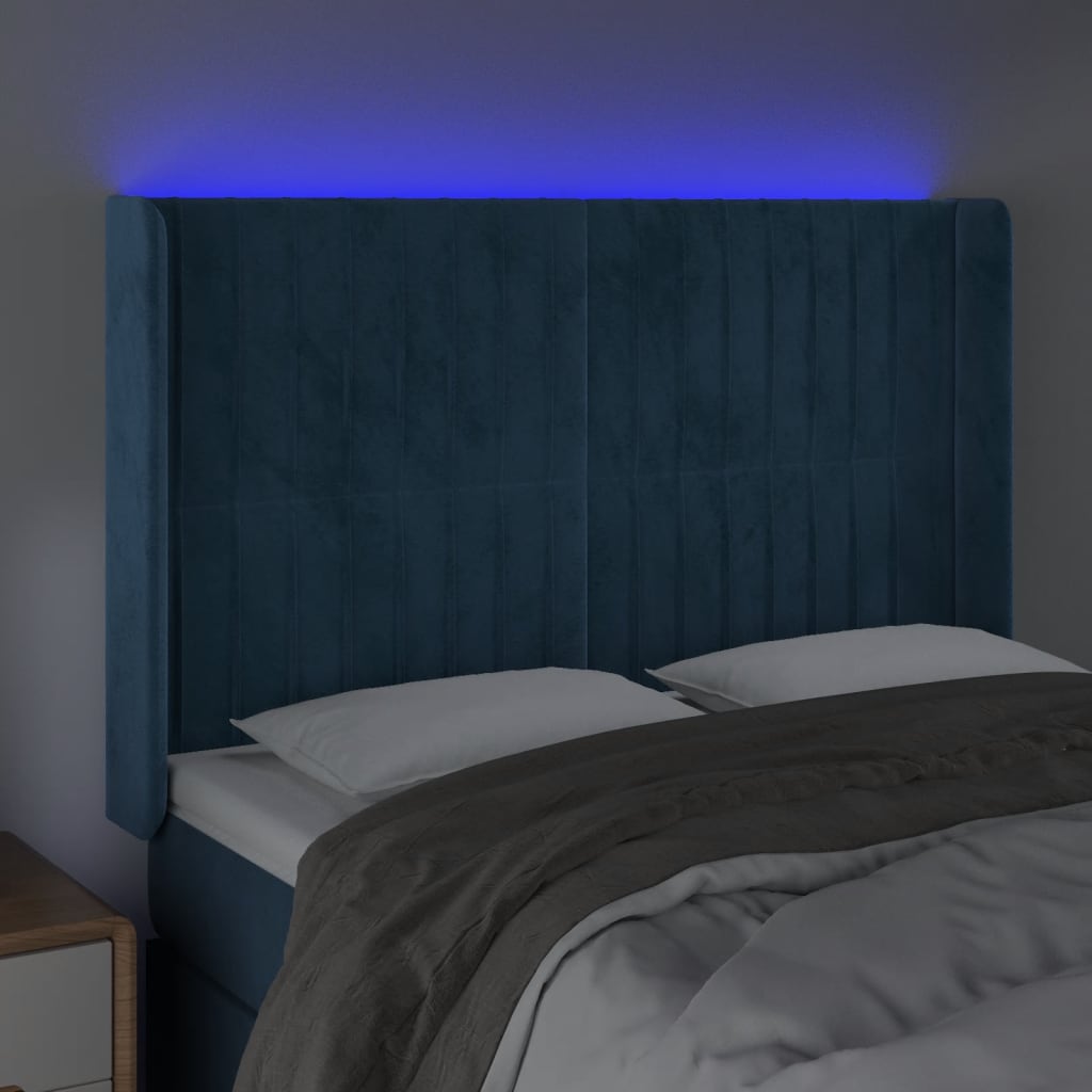 vidaXL LED горна табла за легло, тъмносиня, 147x16x118/128 см, кадифе