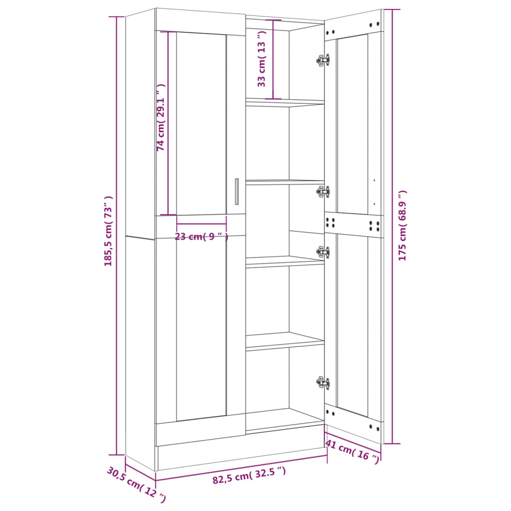 vidaXL Шкаф витрина, опушен дъб, 82,5x30,5x185,5 см, инженерно дърво