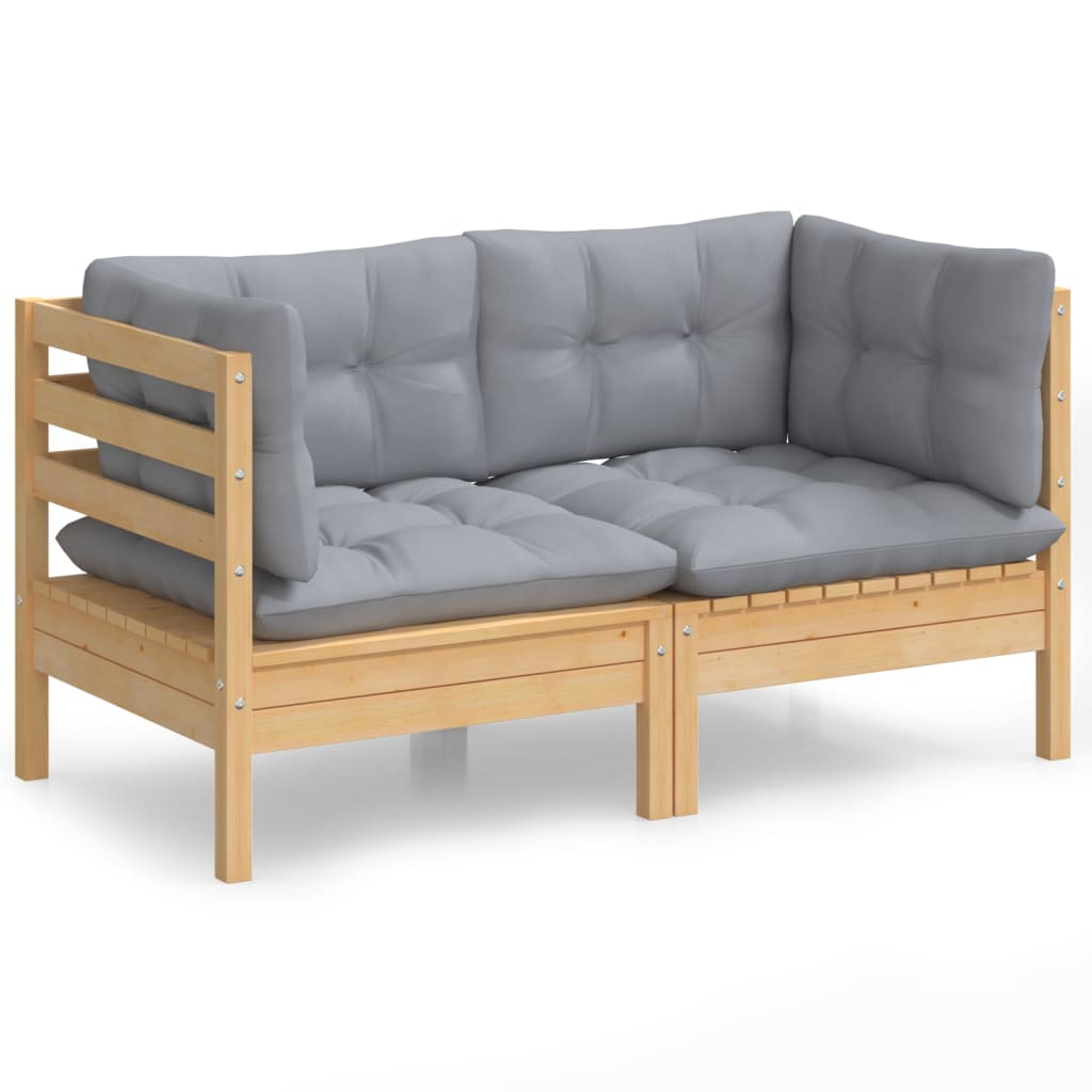 vidaXL 2-местен градински диван със сиви възглавници, бор масив
