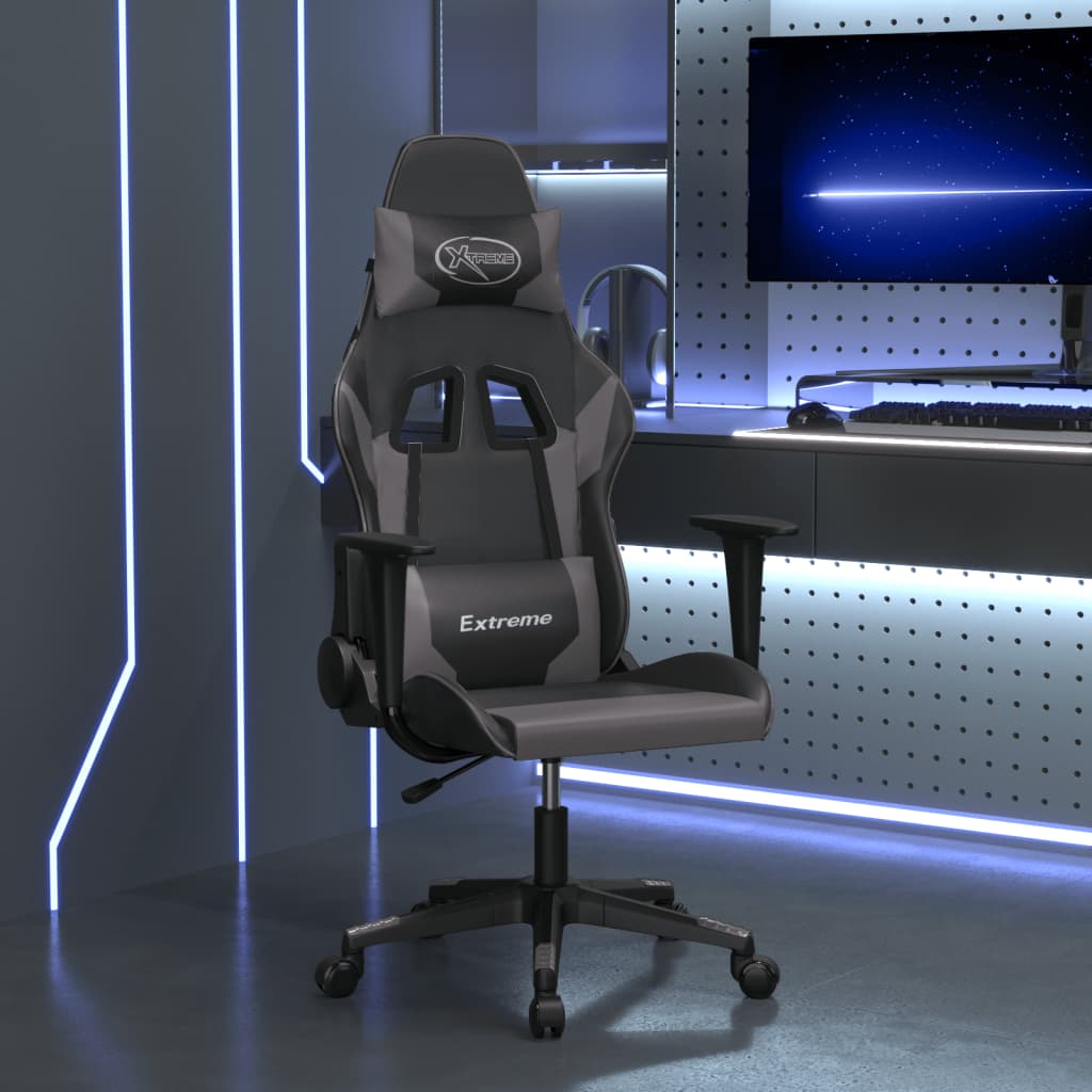 vidaXL Масажен гейминг стол, черно и сиво, изкуствена кожа
