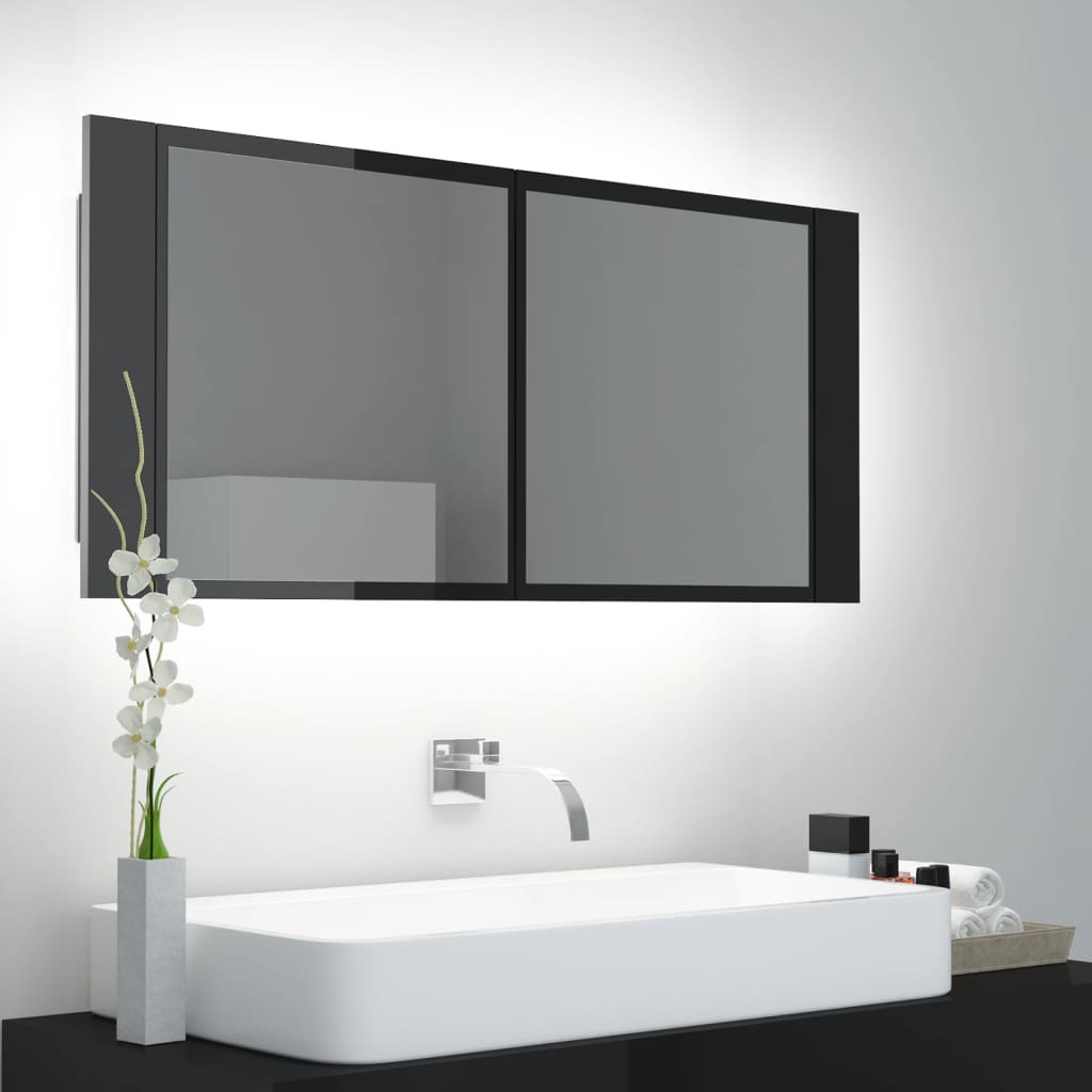 vidaXL Шкаф с LED огледало за баня, черен гланц, 100x12x45 см, акрил