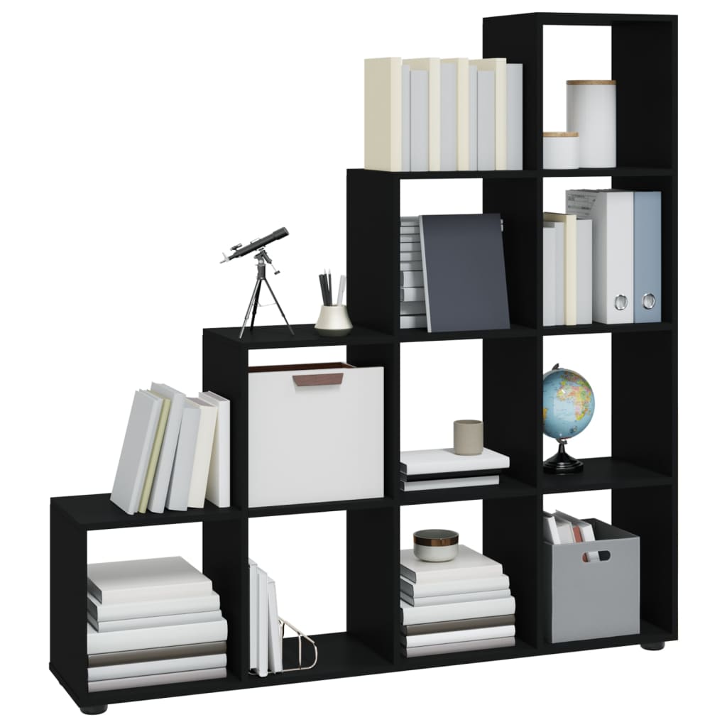 vidaXL Етажерка за книги стълбище, черна, 142 см, инженерно дърво