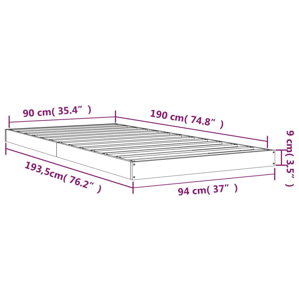 vidaXL Рамка за легло, 90x190 см, единична, борова дървесина масив