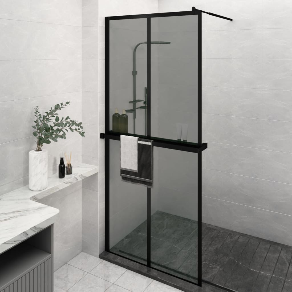 vidaXL Стена за душ кабина с рафт черна 100x195 см ESG стъкло/алуминий