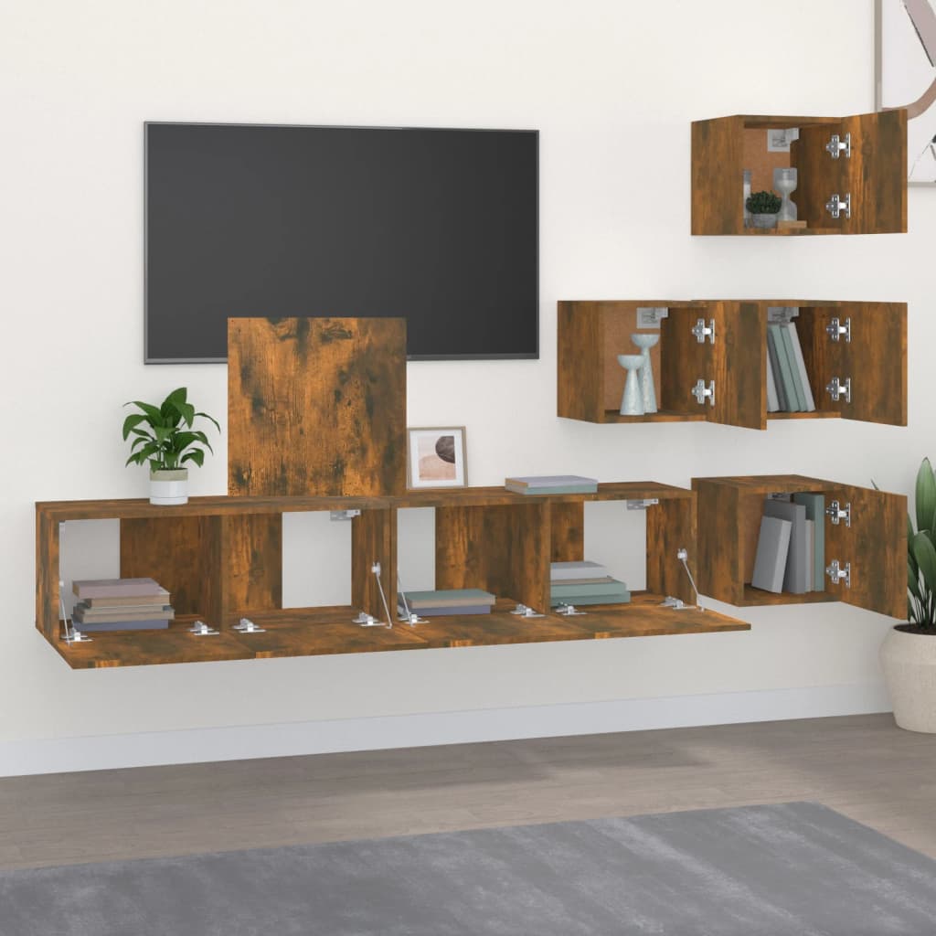 vidaXL ТВ шкафове за стенен монтаж, oпушен дъб, инженерно дърво
