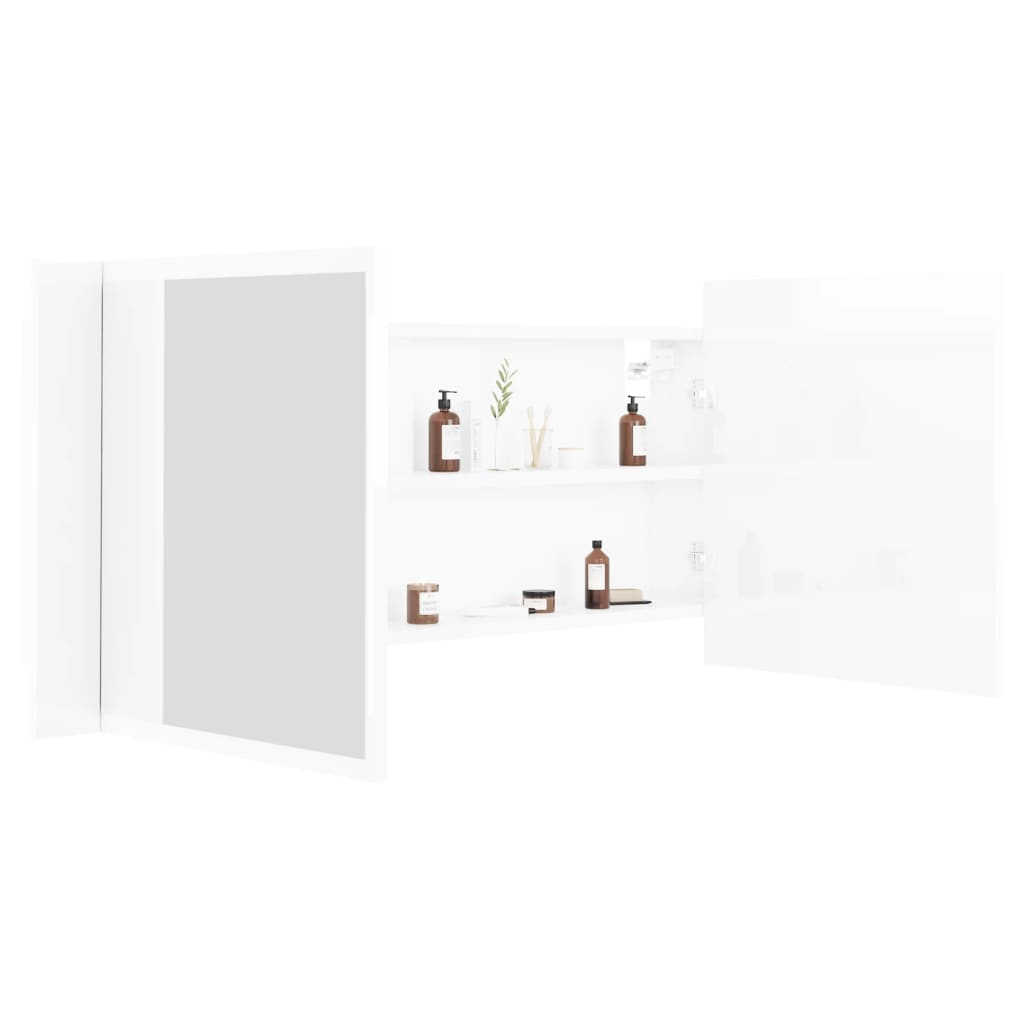 vidaXL Шкаф с LED огледало за баня, бял гланц, 100x12x45 см, акрил