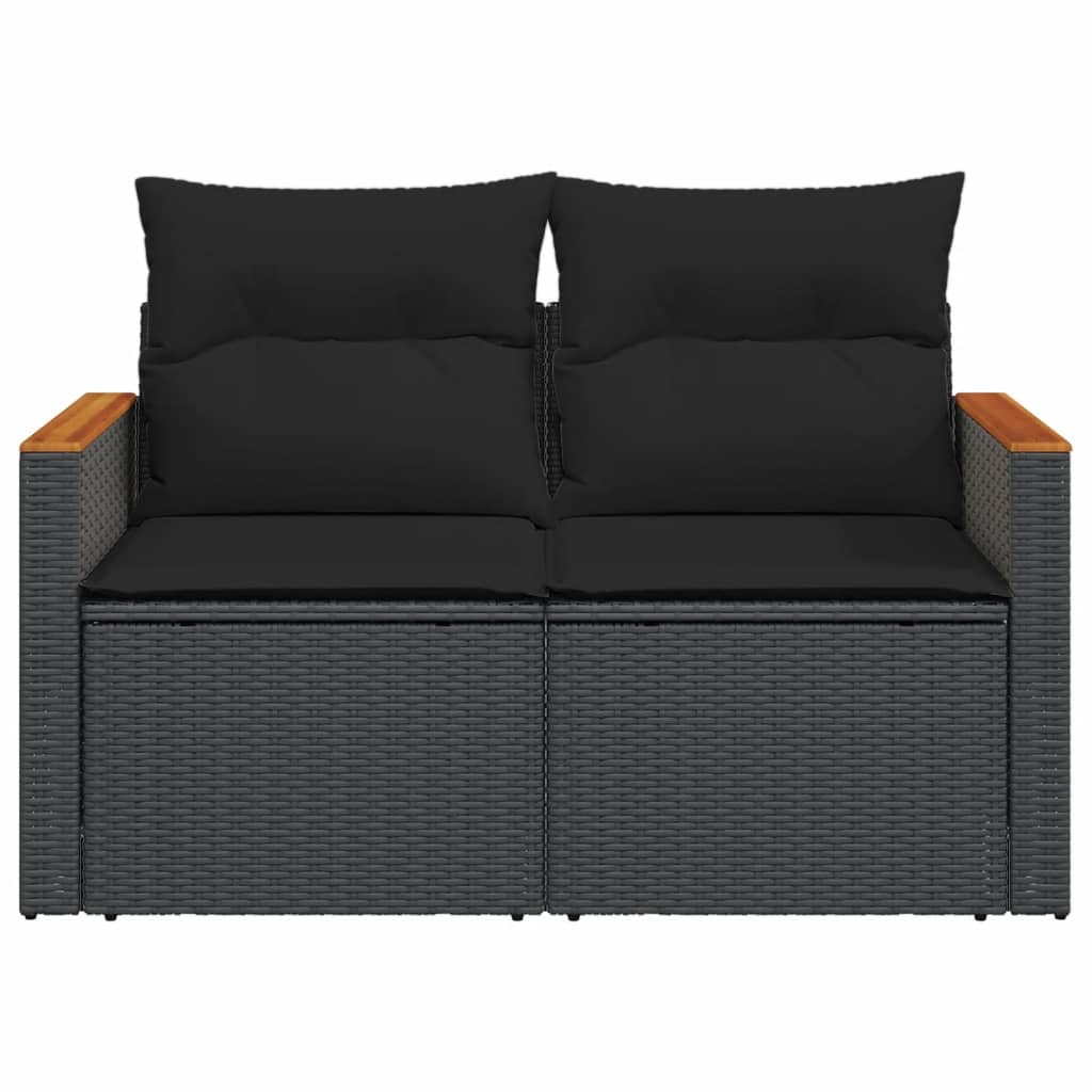 vidaXL Градински диван с възглавници 2-местен черен полиратан