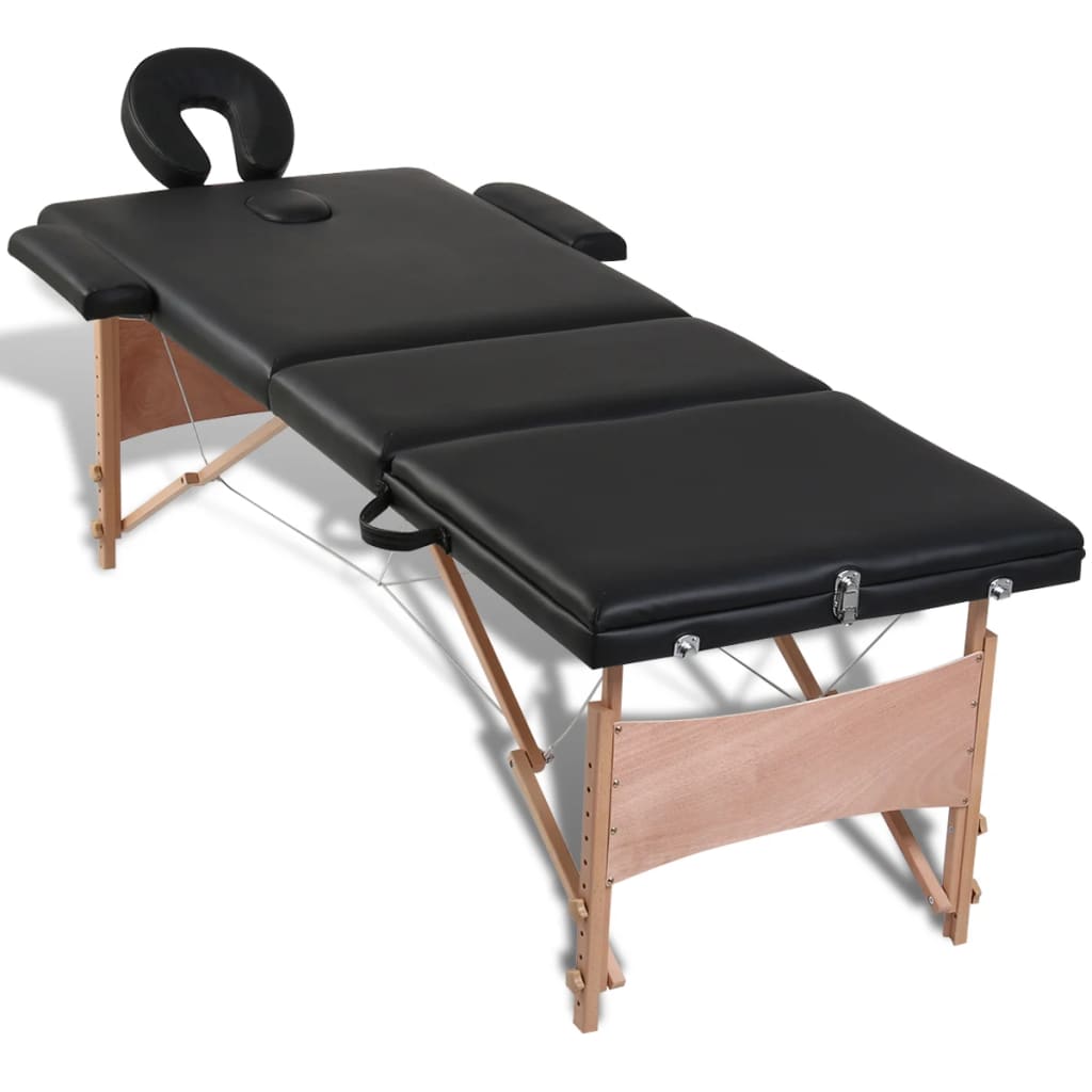 vidaXL Черна сгъваема масажна кушетка 3 зони с дървена рамка