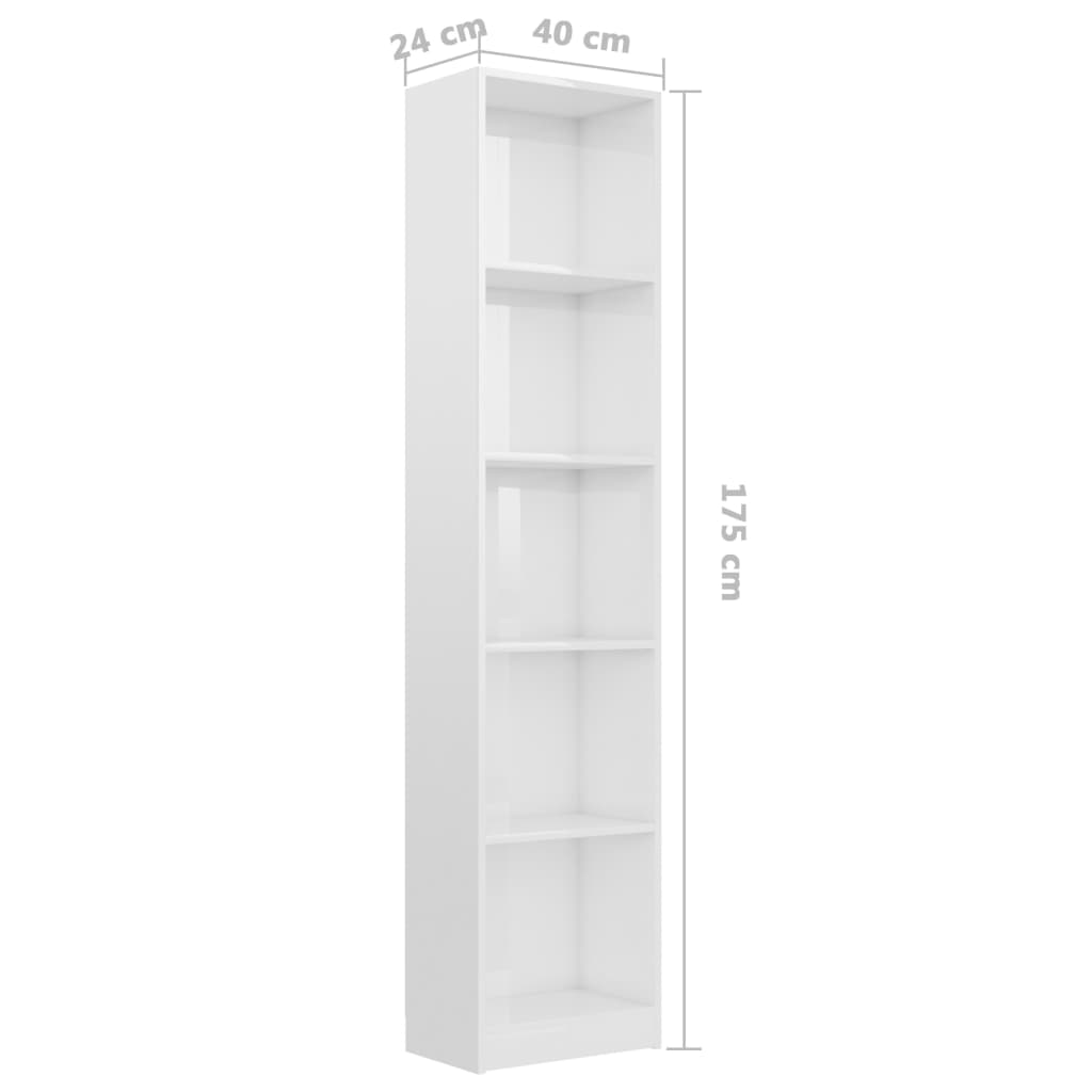 vidaXL 5-етажна библиотека, бял силен гланц, 40x24x175 см, ПДЧ