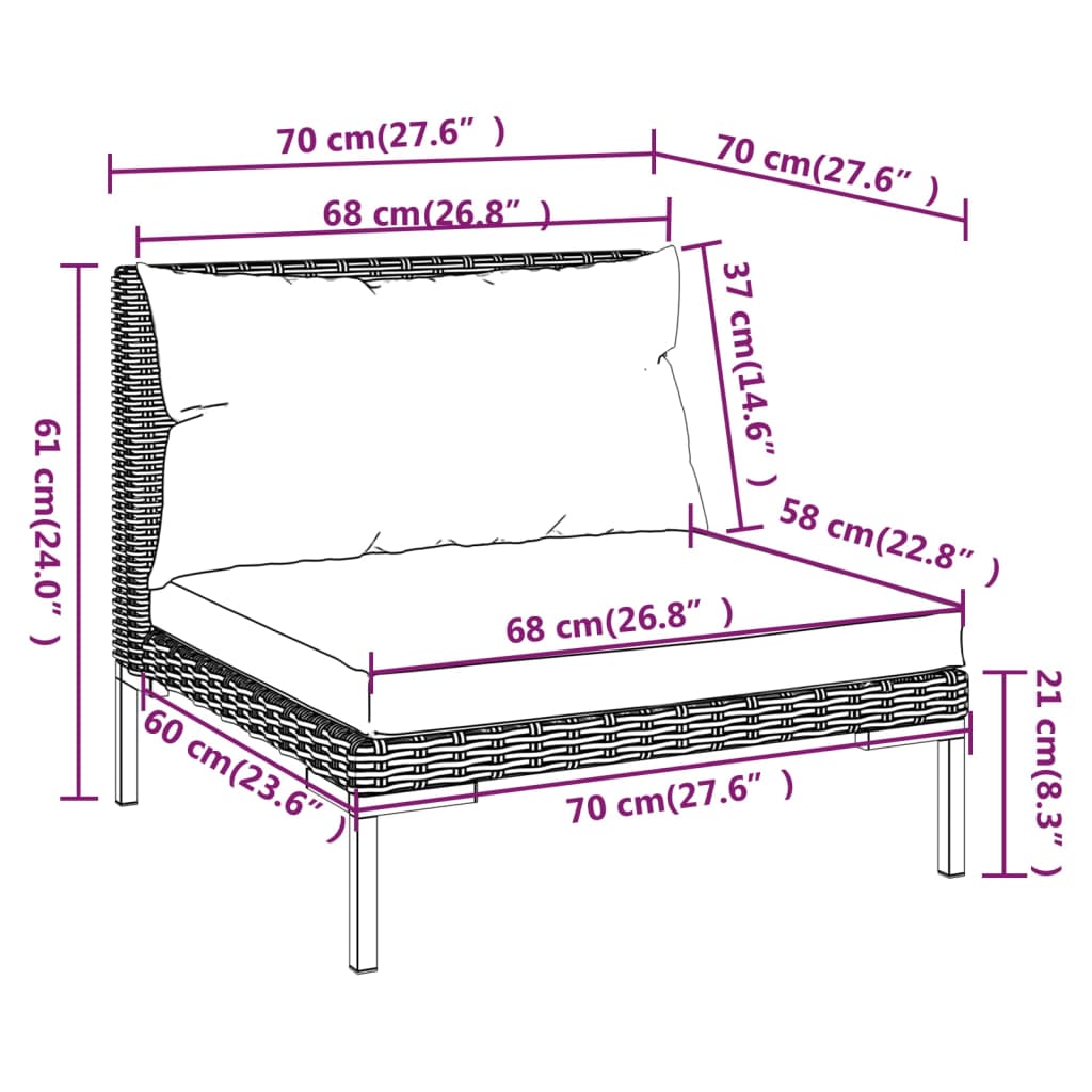 vidaXL Градински комплект с възглавници, 6 части, полиратан, тъмносив