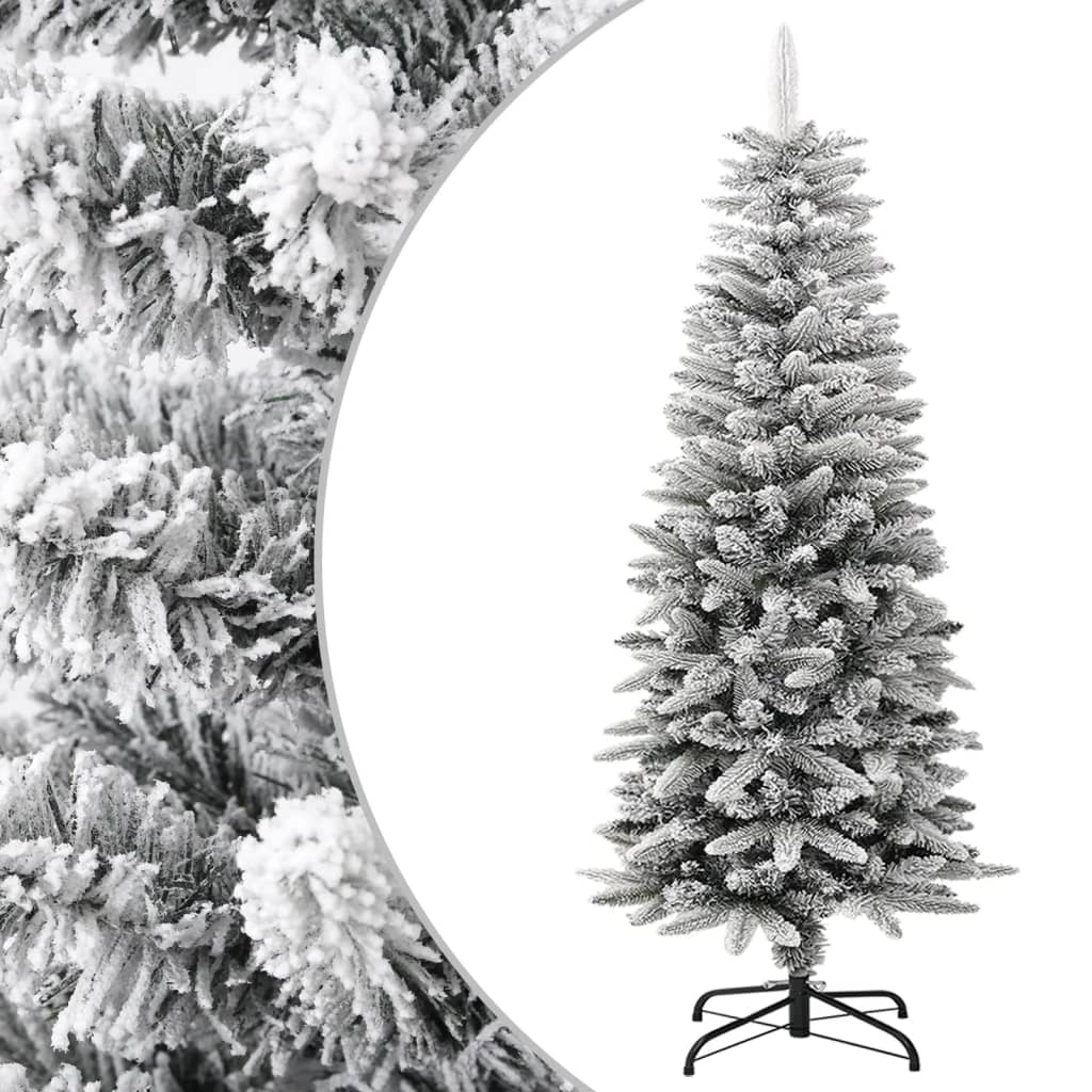 vidaXL Изкуствена тънка коледна елха с флокиран сняг, 120 см, PVC и PE