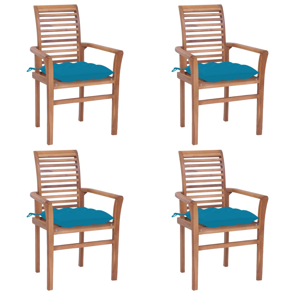 vidaXL Трапезни столове, 4 бр, със светлосини възглавници, тик масив