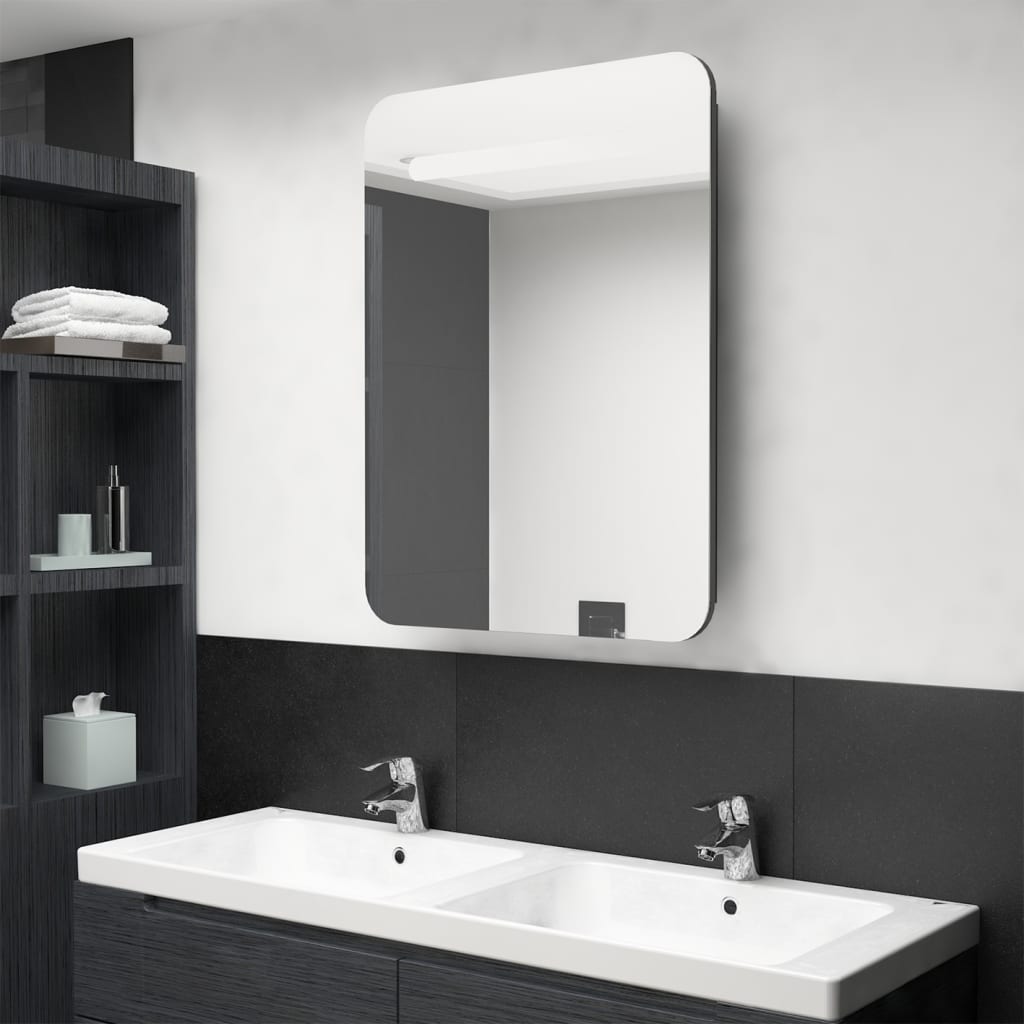 vidaXL LED шкаф с огледало за баня, сив, 60x11x80 см