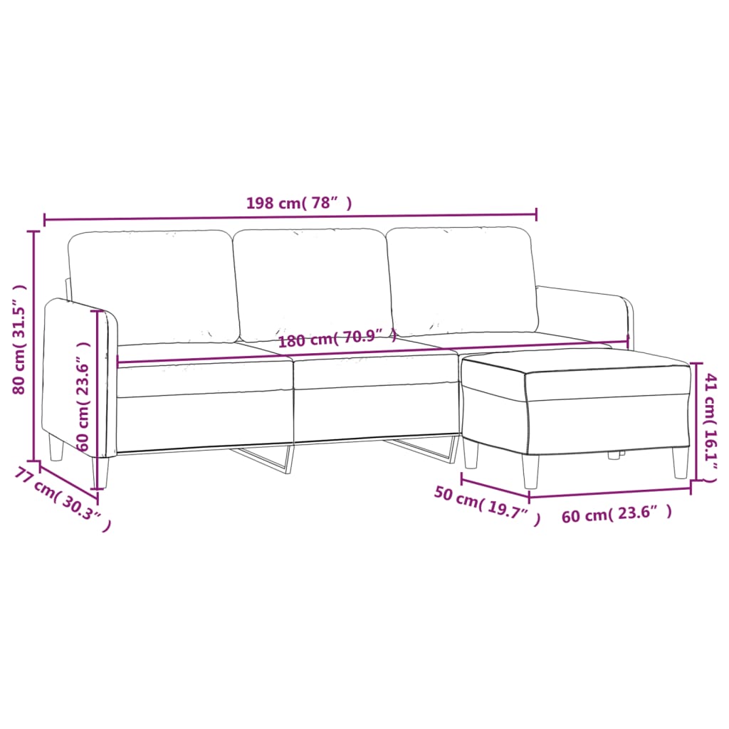 vidaXL 3-местен диван с табуретка, светлосив, 180 см, текстил