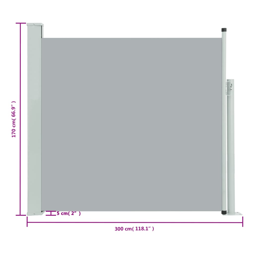 vidaXL Прибираща се дворна странична тента, 170x300 см, сива