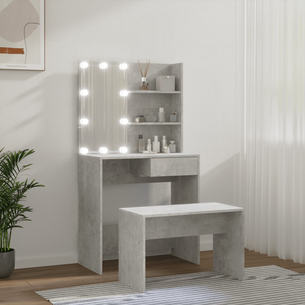 vidaXL Комплект тоалетка с LED, бетонно сива, инженерно дърво