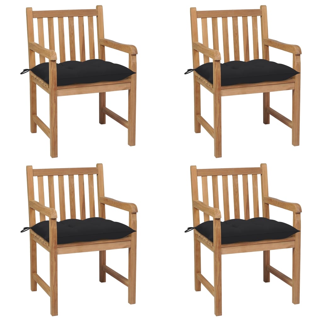vidaXL Градински столове, 4 бр, черни възглавници, тиково дърво масив