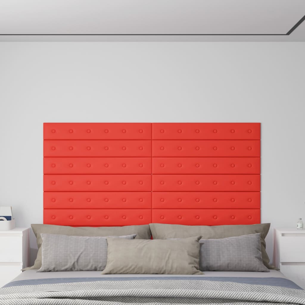 vidaXL Стенни панели 12 бр червени 90x15 см, изкуствена кожа 1,62 м²