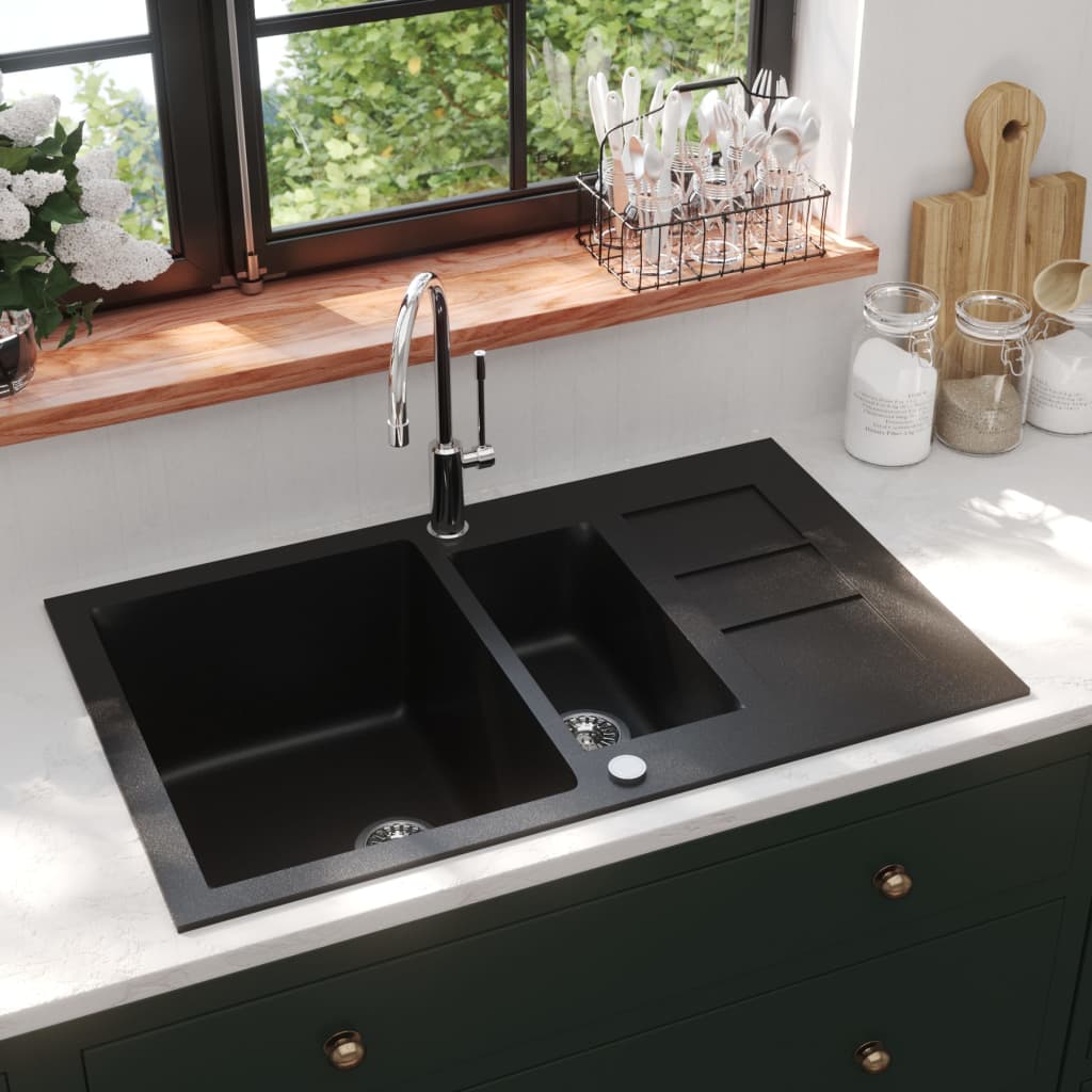 vidaXL Гранитна кухненска мивка с две корита, черна