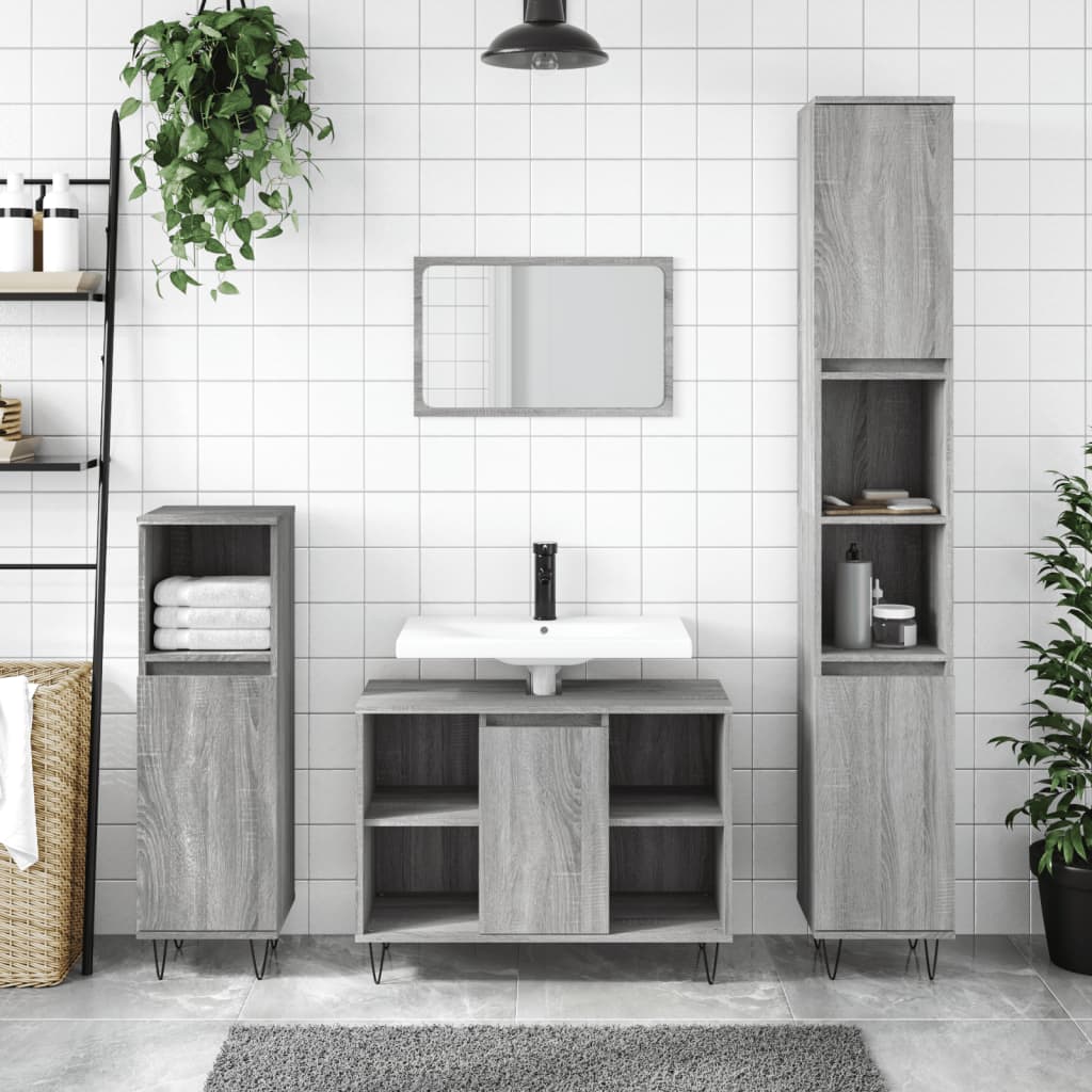 vidaXL Комплект мебели за баня от 3 части сив сонома инженерно дърво
