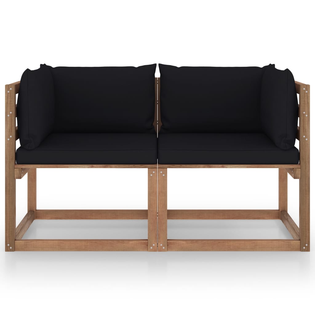 vidaXL Градински 2-местен диван от палети с черни възглавници бор