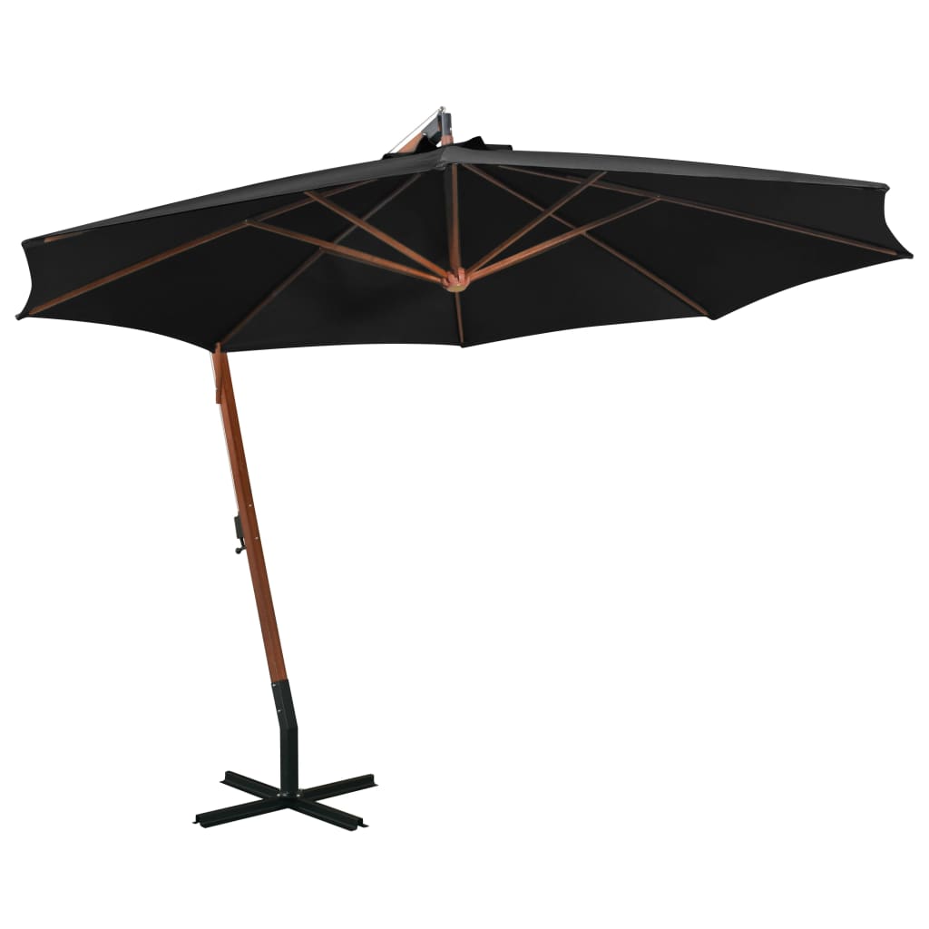 vidaXL Висящ чадър с прът, черен, 3,5x2,9 м, чам масив
