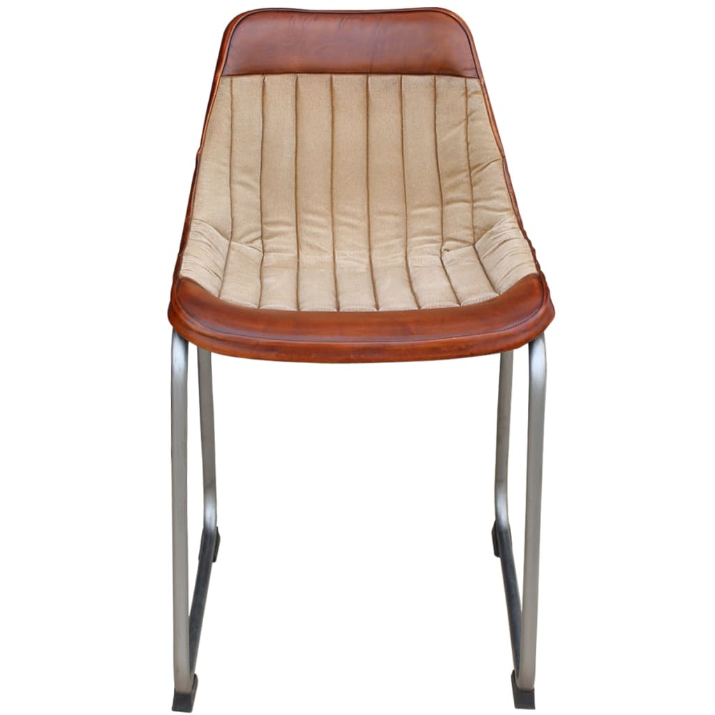 vidaXL Трапезни столове 2 бр кафяво и бежово естествена кожа и канава