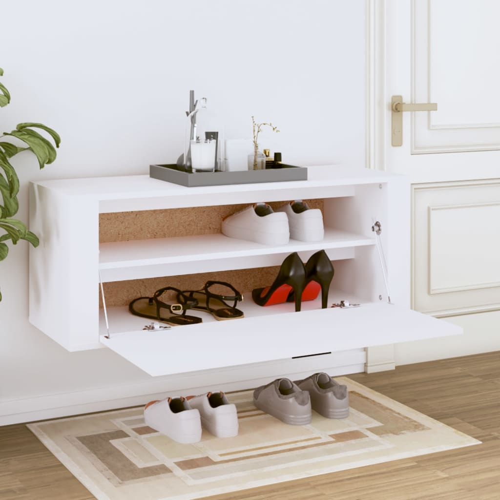 vidaXL Стенен шкаф за обувки, бял, 100x35x38 см, инженерно дърво