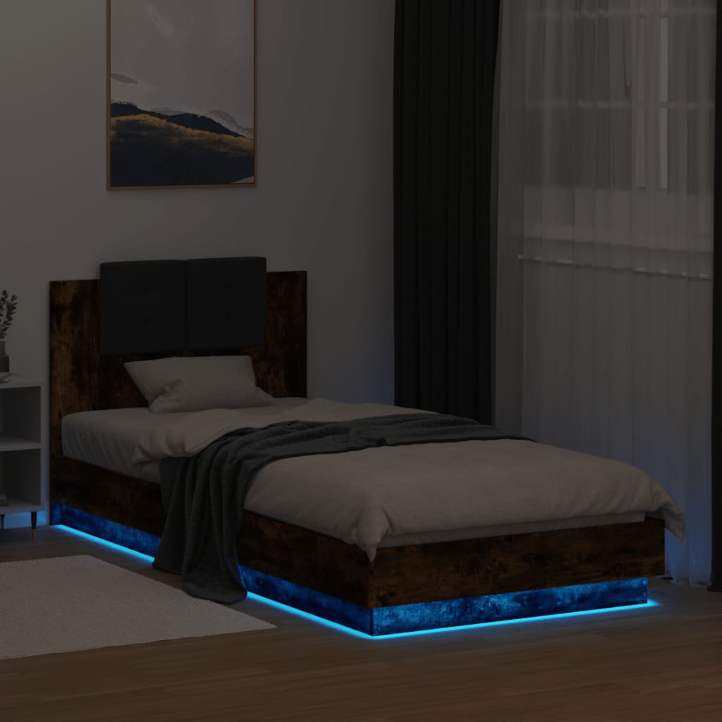 vidaXL Рамка за легло с табла и LED осветление, опушен дъб, 90x200 см