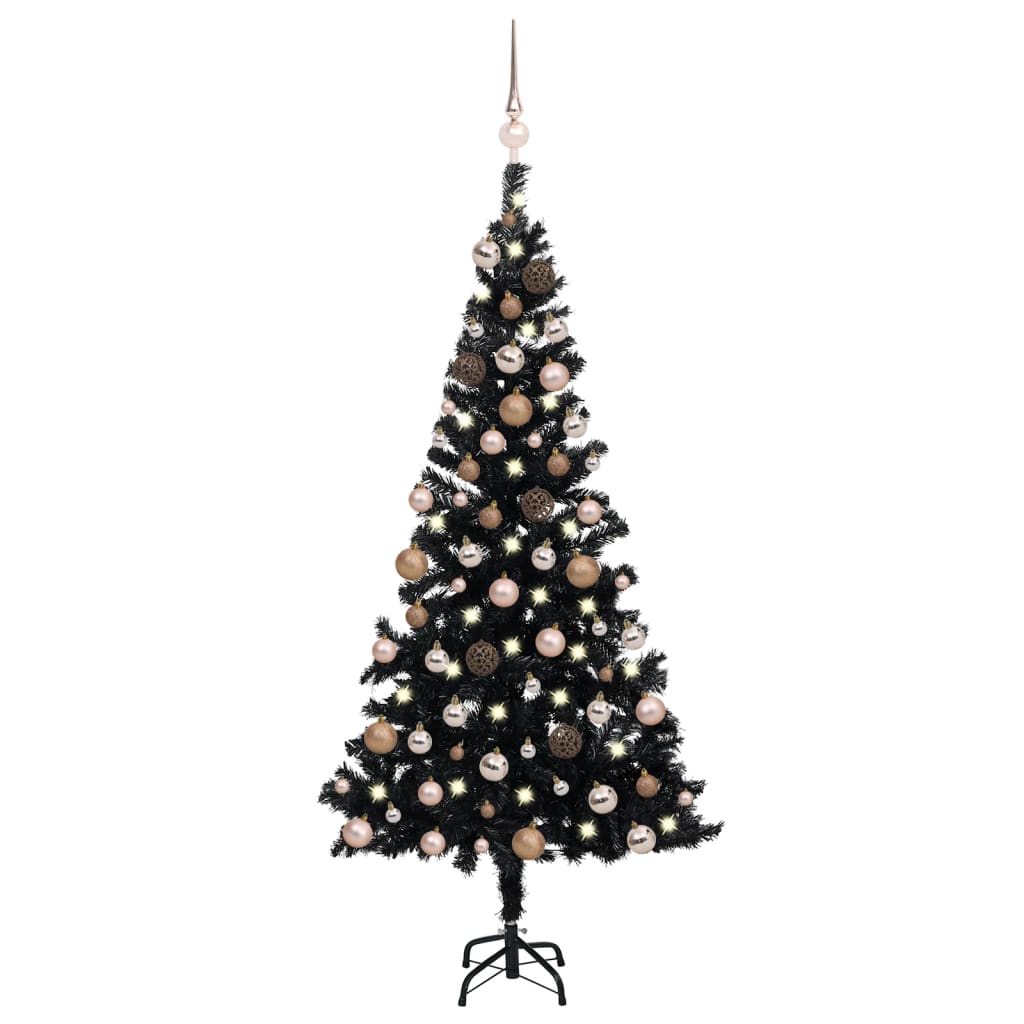 vidaXL Изкуствена осветена коледна елха с топки черна 180 см PVC