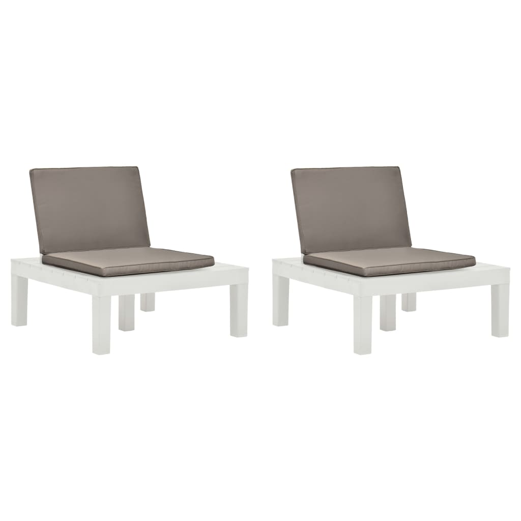 vidaXL Градински лаундж столове с възглавници 2 бр пластмаса бели