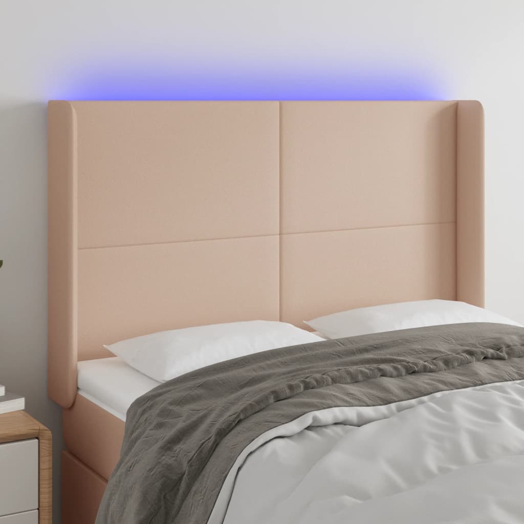 vidaXL LED горна табла за легло, капучино, 147x16x118/128 см
