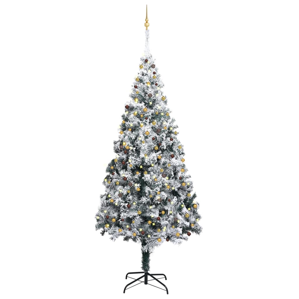 vidaXL Изкуствена елха с LED, топки и флокиран сняг, зелена, 400 см