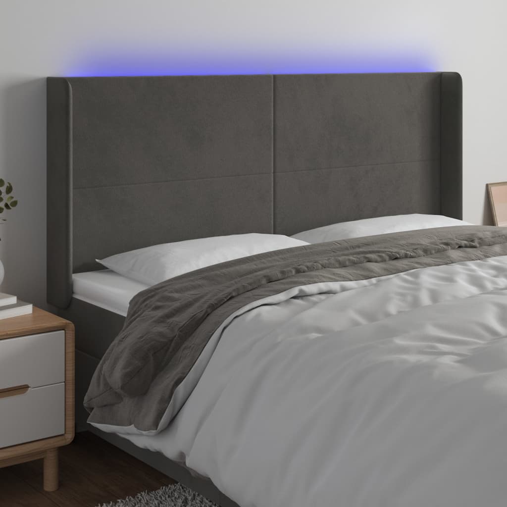 vidaXL LED горна табла за легло, тъмносива, 163x16x118/128 см, кадифе
