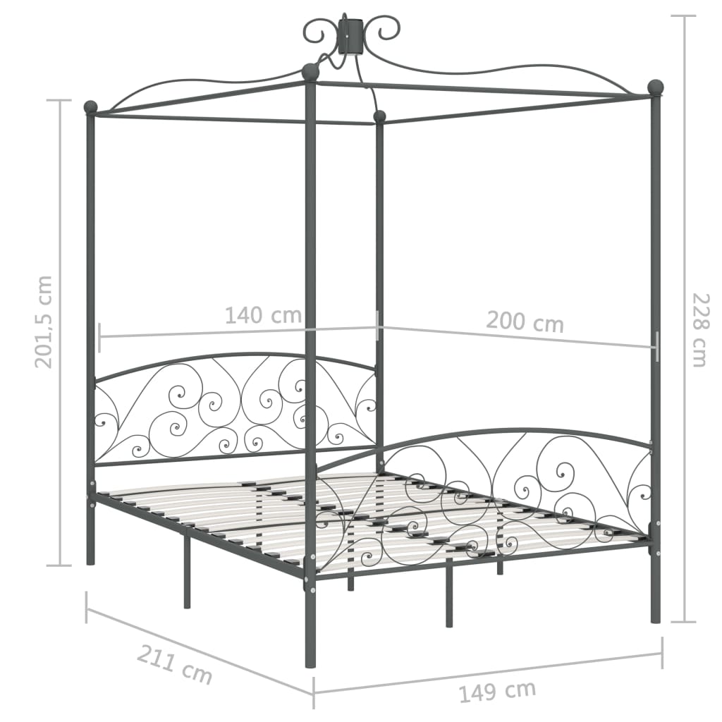 vidaXL Рамка за легло с балдахин, сива, метал, 140x200 см